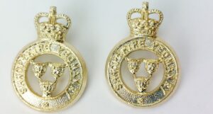 British, Post-1952, Shropshire Yeomanry Staybrite Collar Badges Pair, Queen’s Crown, Anodised Aluminium