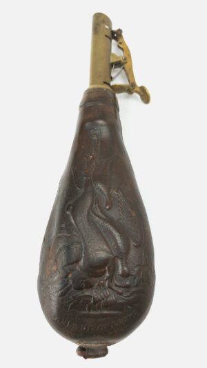 British, c.1830–1840, James Dixon & Sons Sheffield Leather Shot Flask with Brass Knuckle-Joint Lever Charger, Hanging Game Motif