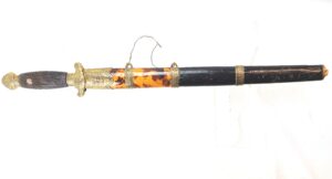 Chinese, 19th Century (Late Qing Dynasty), Short Jian Sword, Gilt Brass Mounted with Shou Longevity Motifs and Tortoiseshell-Mounted Scabbard
