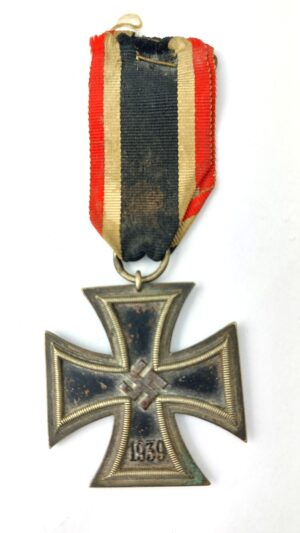 German, WWII, 1939 Pattern Iron Cross 2nd Class (Eisernes Kreuz II Klasse), Maker Marked “128” (S. Jablonski, Posen), with Original Ribbon