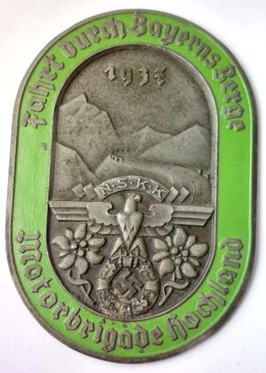 German, 1937, Third Reich NSKK Motorbrigade Hochland “Fahrt durch Bayerns Berge” Rally Plaque (Green Variant), Klotz & Kienast München