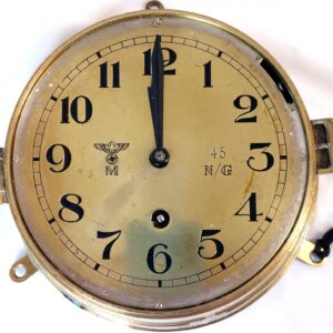German, WW2, Kriegsmarine Bulkhead Clock, Brass Naval Wall Clock, Eagle M Dial, Marked 45 N/G, 8-Day