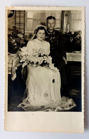 German, WWII, Wehrmacht Wedding Photograph, Agfa Postcard Format, Soldier in Uniform with Awards, with Frame