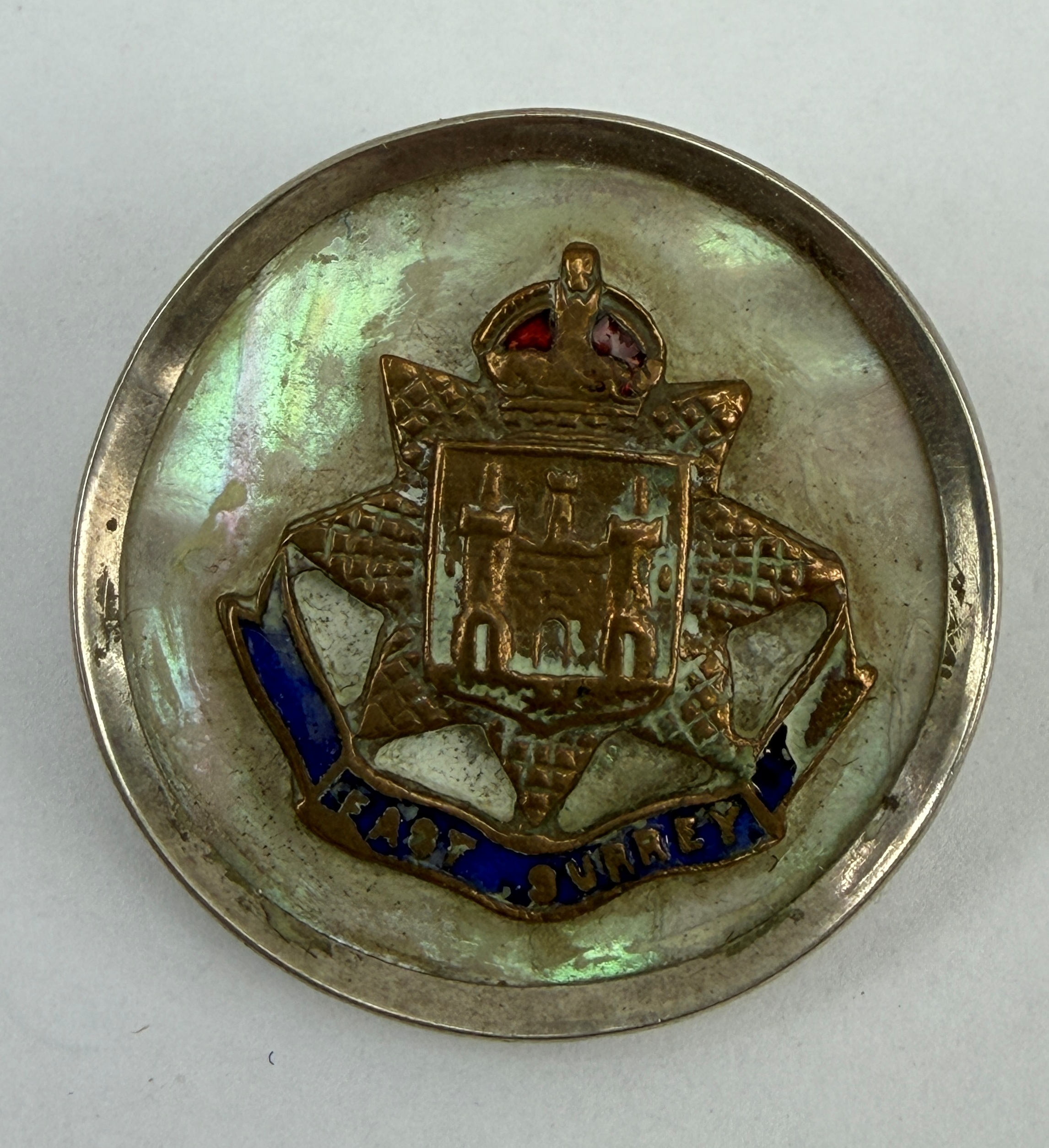 WW1 East Surrey Regiment Sterling Silver And MoP Sweetheart Badge