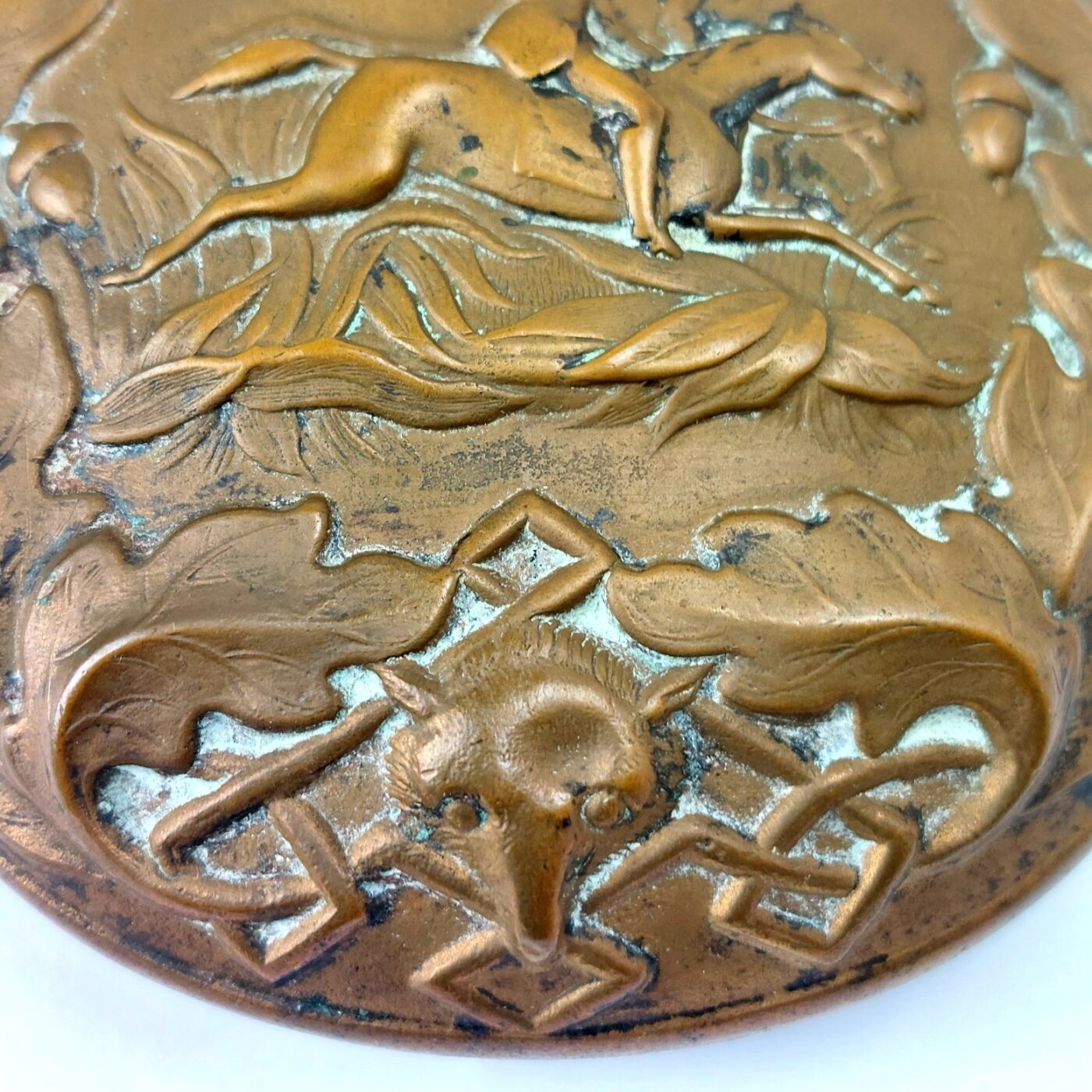 Late 19th Century, Embossed Copper Hunting Powder Flask with Mounted Huntsman, Stag Masks and Fox Mask Decoration - Image 9