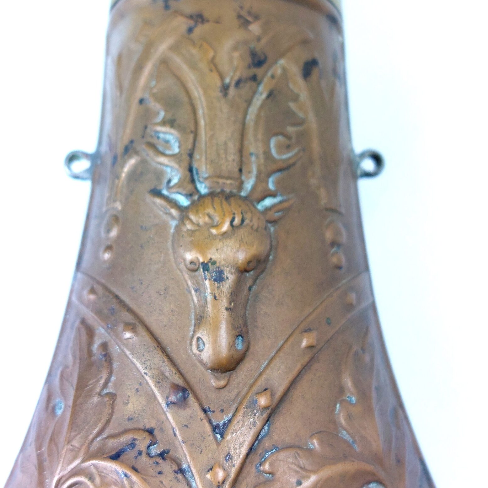 Late 19th Century, Embossed Copper Hunting Powder Flask with Mounted Huntsman, Stag Masks and Fox Mask Decoration - Image 8