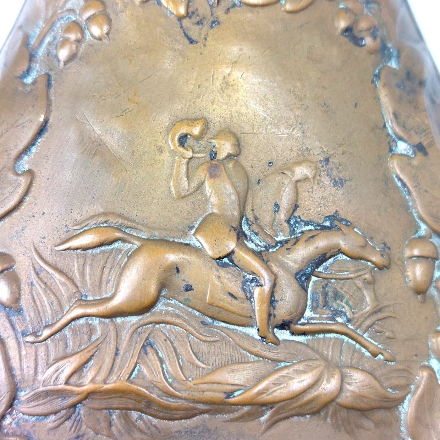 Late 19th Century, Embossed Copper Hunting Powder Flask with Mounted Huntsman, Stag Masks and Fox Mask Decoration - Image 7