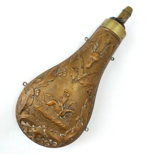 Late 19th Century, Embossed Copper Hunting Powder Flask with Mounted Huntsman, Stag Masks and Fox Mask Decoration