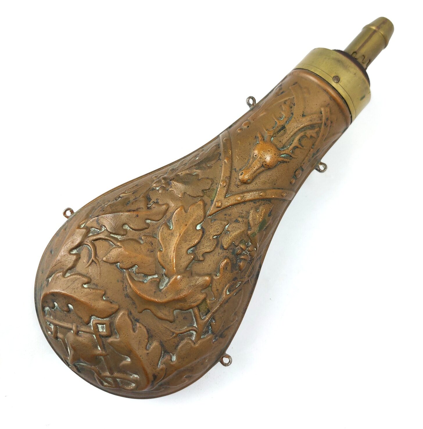 Late 19th Century, Embossed Copper Hunting Powder Flask with Mounted Huntsman, Stag Masks and Fox Mask Decoration - Image 2