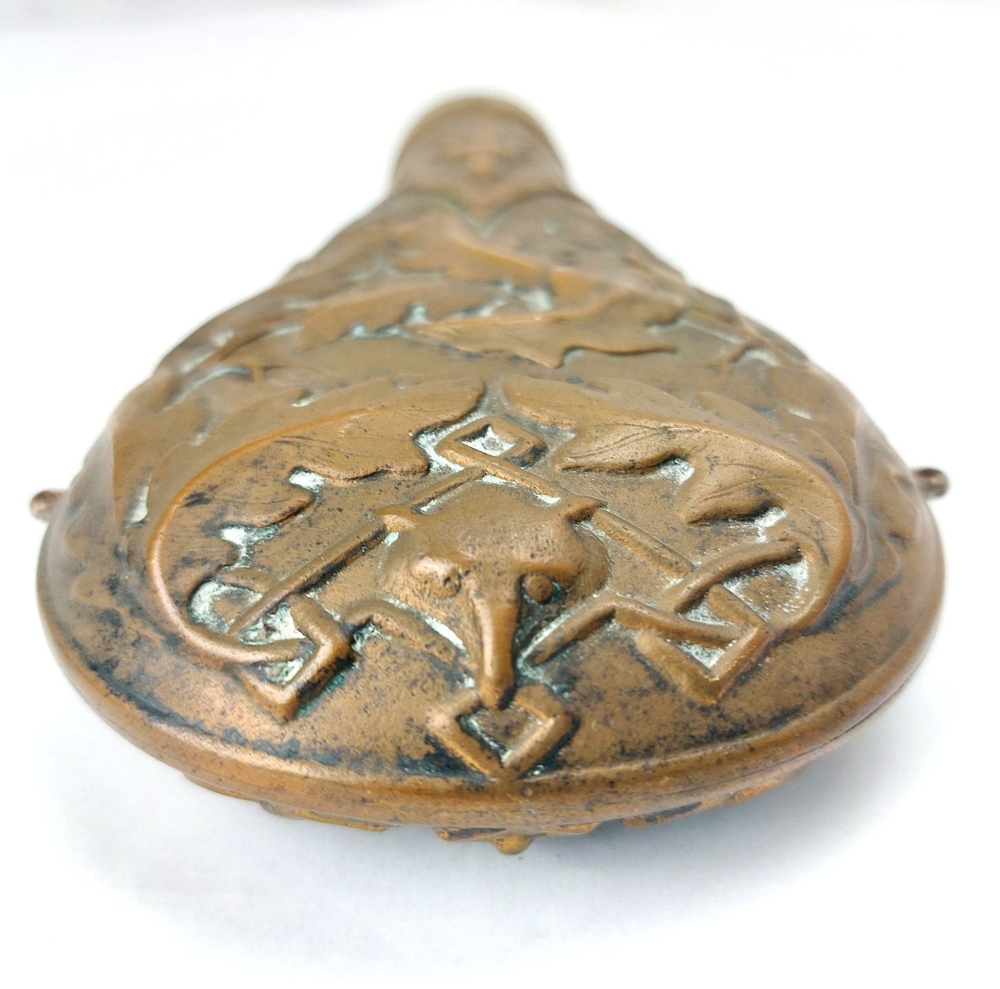 Late 19th Century, Embossed Copper Hunting Powder Flask with Mounted Huntsman, Stag Masks and Fox Mask Decoration - Image 3