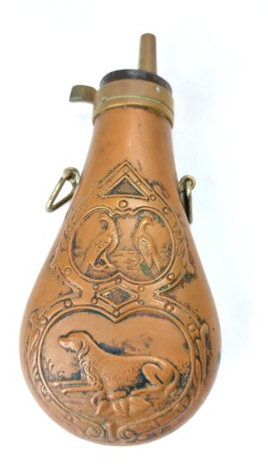 Mid-19th Century, Copper and Brass Sporting Powder Flask with Gamebird and Hound Decoration