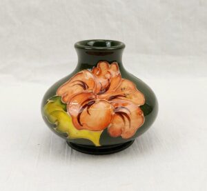 1970s Moorcroft Magnolia Pattern On Sage Green Squat Vase