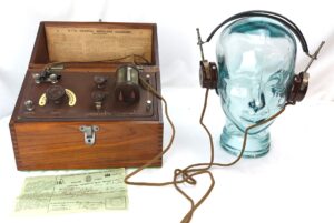 British, c.1923–1924, British Thompson-Houston (B.T.H.) Type C Form A Crystal Wireless Receiver, Serial R3306, with BTH Headphones and 1935 G.P.O. Wireless Licence