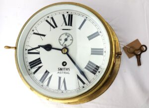 British, c.1930s–1940s, Smiths “Astral” Marine Bulkhead Clock, Coventry Movement, Brass Case, 8-Day Ship’s Clock