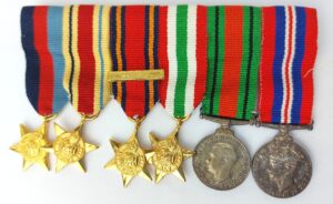 British, WW2, Miniature Medal Group: 1939–45 Star, Africa Star, Burma Star with Pacific Clasp, Italy Star, Defence Medal & War Medal