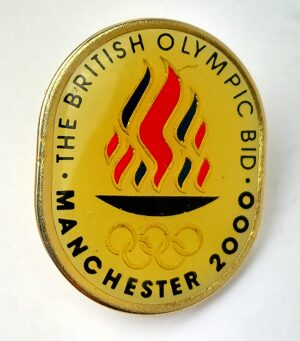 British, c.1993–1994, Manchester Olympic Bid 2000 Enamel Lapel Badge – Olympic Rings – Original Case