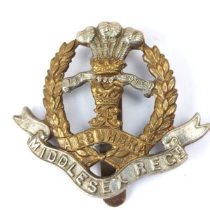 British, WW1–WW2, Middlesex Regiment (Duke of Cambridge’s Own) Cap Badge, Bi-Metal , Brass Slider Fitting