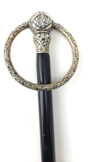 British, 1890, Birmingham Hallmarked Sterling Silver Mounted Dress Cane - Walking Stick, by T.W.D (Thomas William Dee), Ornate Repoussé Ring Handle