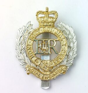 British, Post-1952, Royal Engineers EIIR Cap Badge – Bi-Metal Staybrite, Slider Fitting, Firmin London