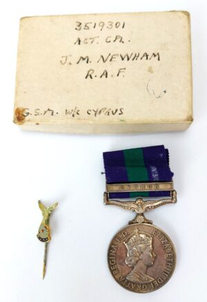 British, c. 1955-59, Elizabeth II General Service Medal (1918–1962) with Cyprus Clasp, Named to 3519301 Act. Cpl. J. M. Newham, Royal Air Force, with Box and RAF Association Sweetheart Brooch