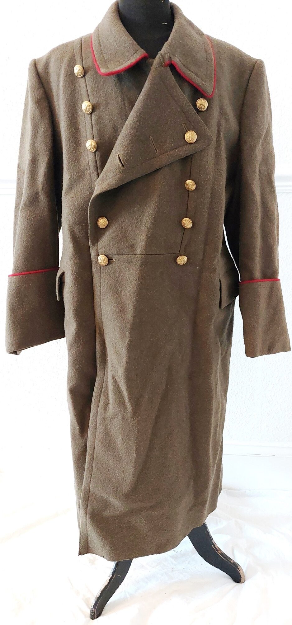Bulgarian, Cold War Era, Bulgarian People’s Army (БНА) Officer’s Greatcoat - Shinel with Lion Buttons and Red Infantry Piping