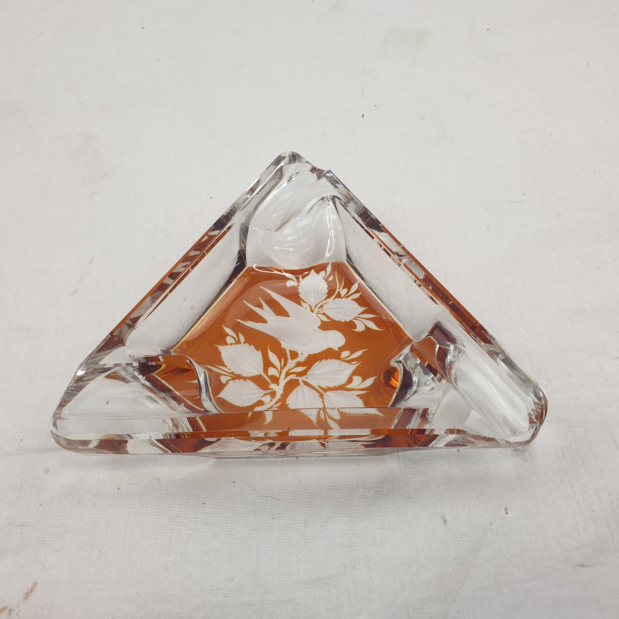 Bohemian Glass Possibly Mosser Triangular Clear And Amber With Bird