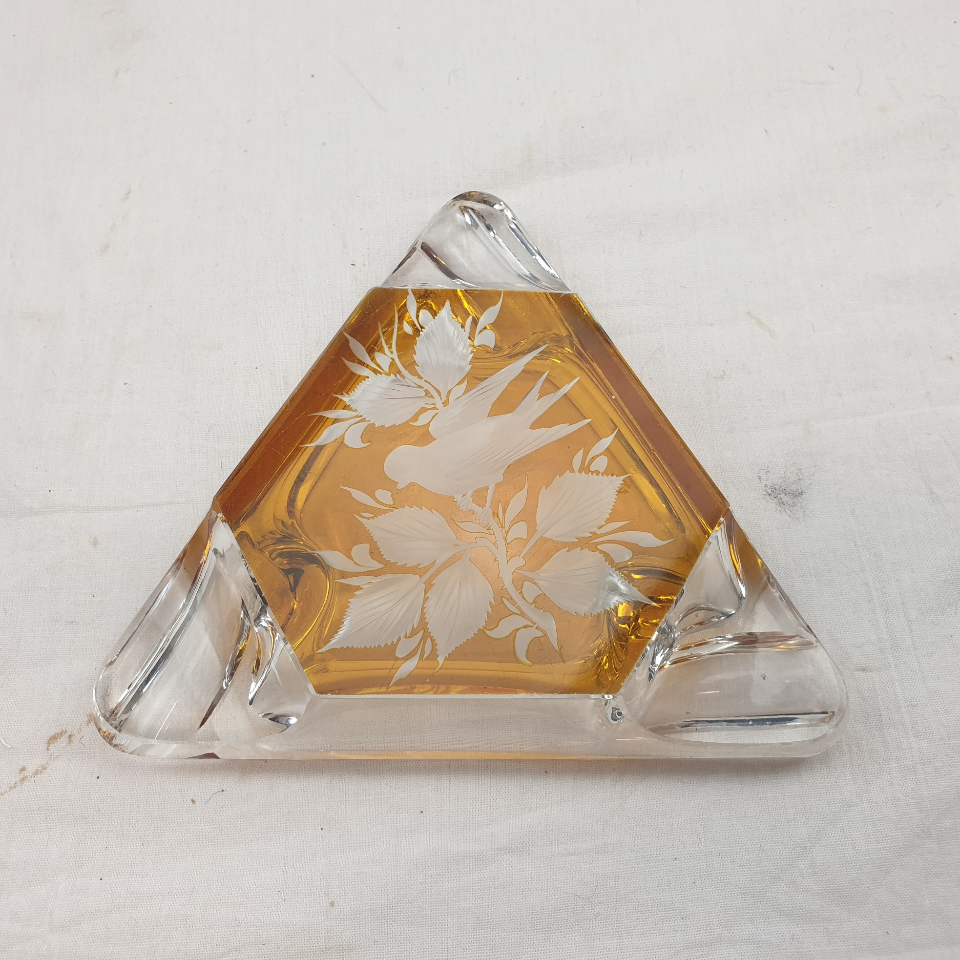 Bohemian Glass Possibly Mosser Triangular Clear And Amber With Bird - Image 4