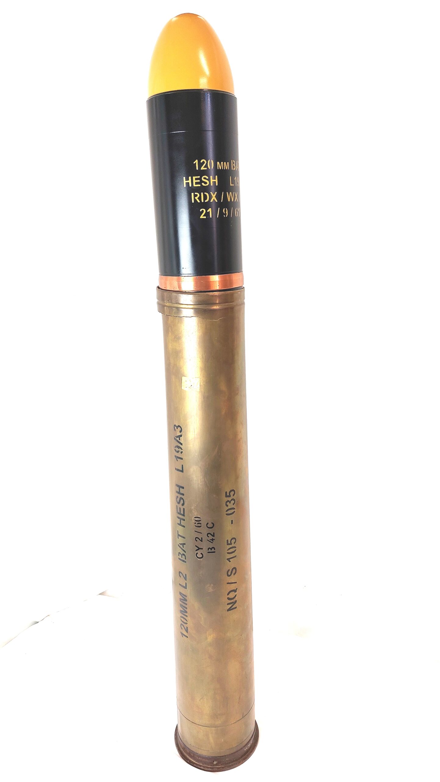 British Army, Cold War 1958–1981, 120mm WOMBAT BAT MOBAT HESH L19A3 Inert Shell & Brass Case - Image 3