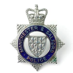 British, c.1968–1974, Manchester & Salford Police Cap Badge, Queen’s Crown, 2 Lugs, Enamel