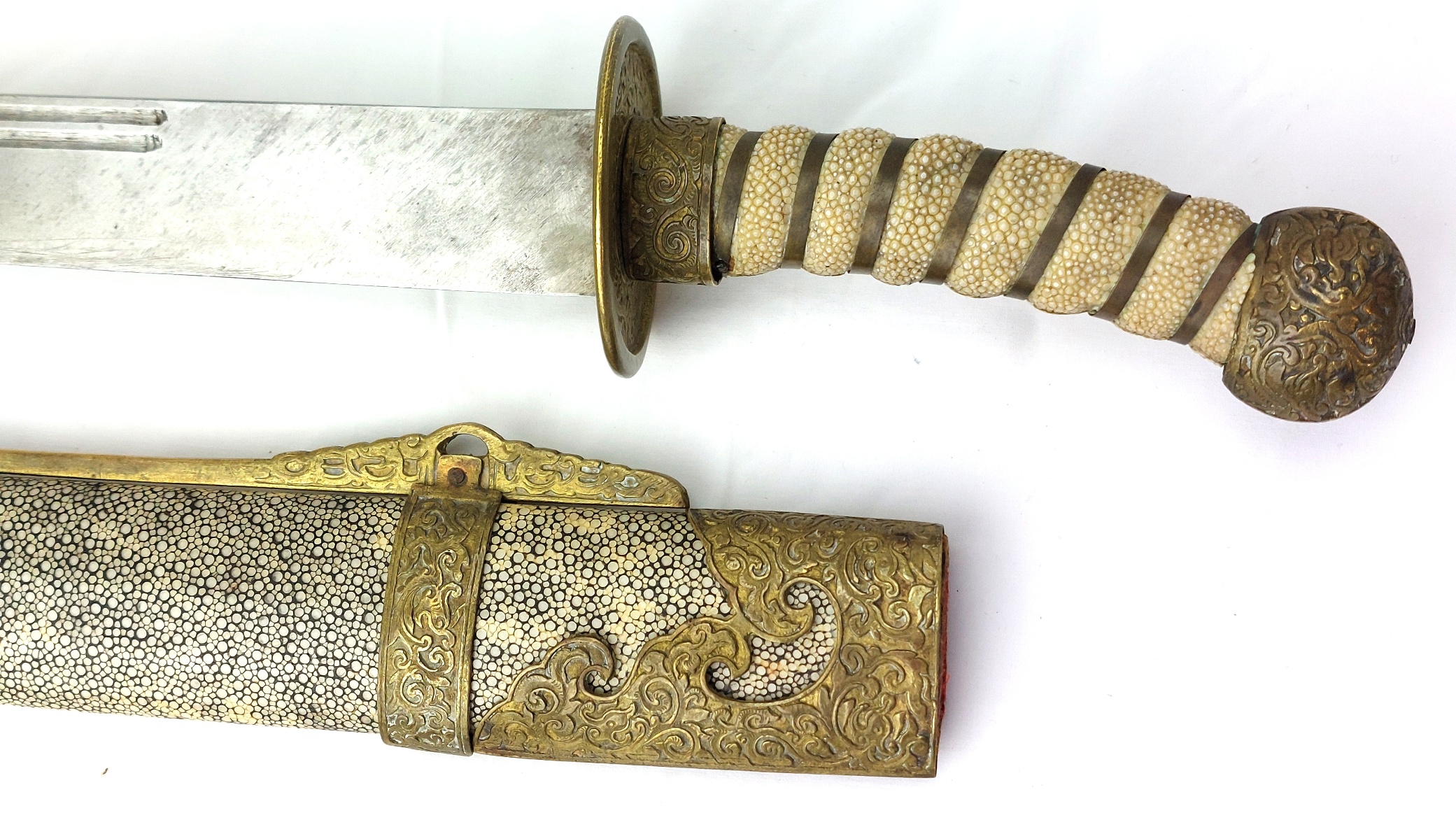 Chinese, Boxer Rebellion Era (Late Qing Dynasty c.1890–1900), Brass Mounted Shagreen Dao / Yaodao Saber (Short Sword) with Shagreen Scabbard - Image 8