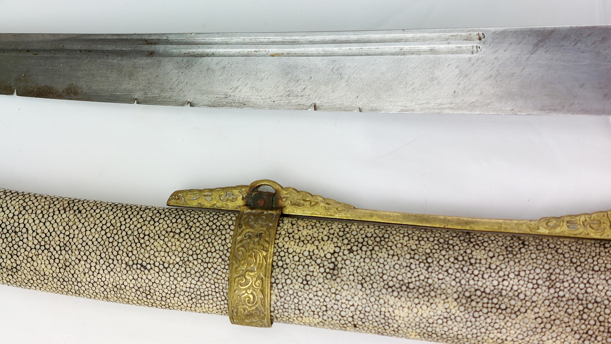 Chinese, Boxer Rebellion Era (Late Qing Dynasty c.1890–1900), Brass Mounted Shagreen Dao / Yaodao Saber (Short Sword) with Shagreen Scabbard - Image 9