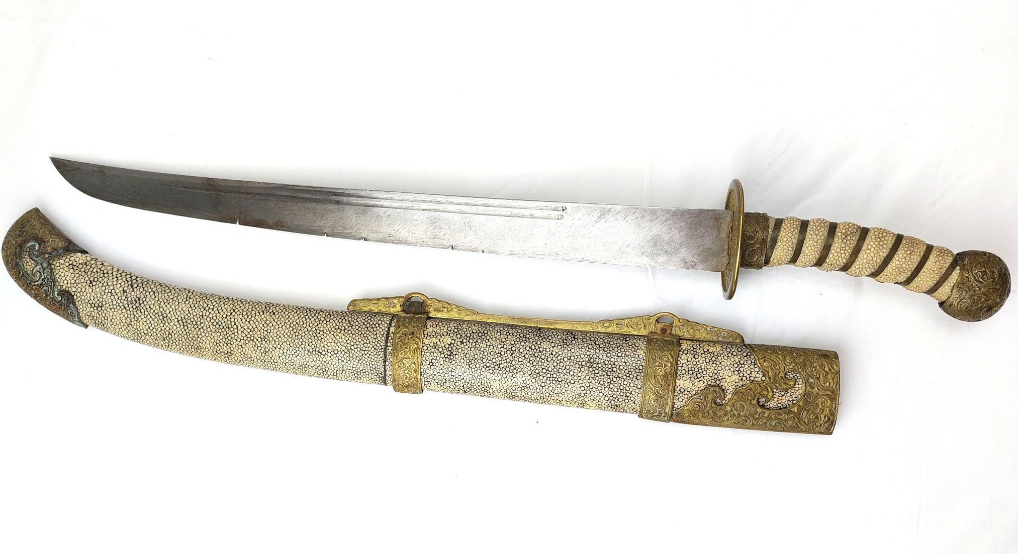Chinese, Boxer Rebellion Era (Late Qing Dynasty c.1890–1900), Brass Mounted Shagreen Dao / Yaodao Saber (Short Sword) with Shagreen Scabbard - Image 7