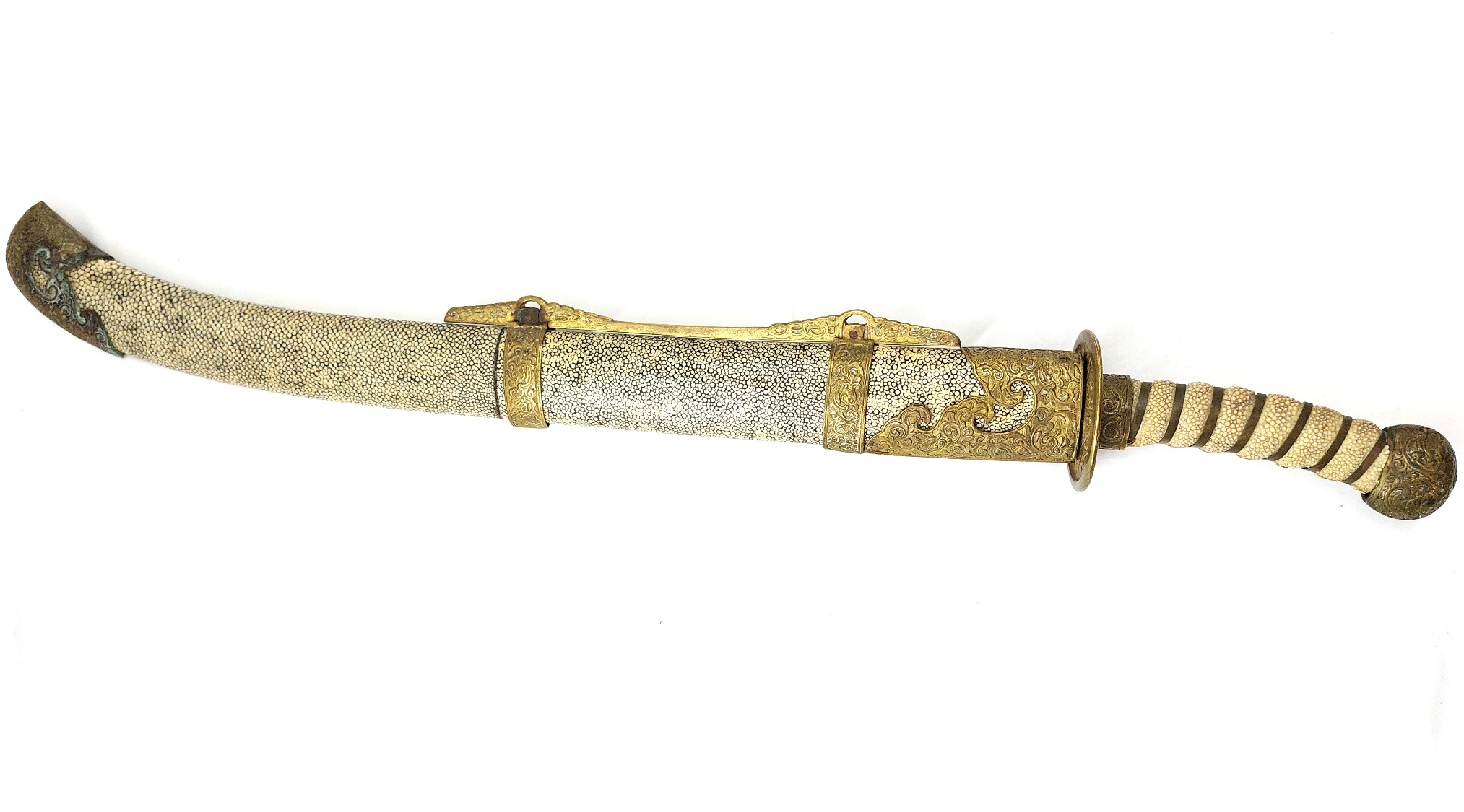 Chinese, Boxer Rebellion Era (Late Qing Dynasty c.1890–1900), Brass Mounted Shagreen Dao / Yaodao Saber (Short Sword) with Shagreen Scabbard - Image 6
