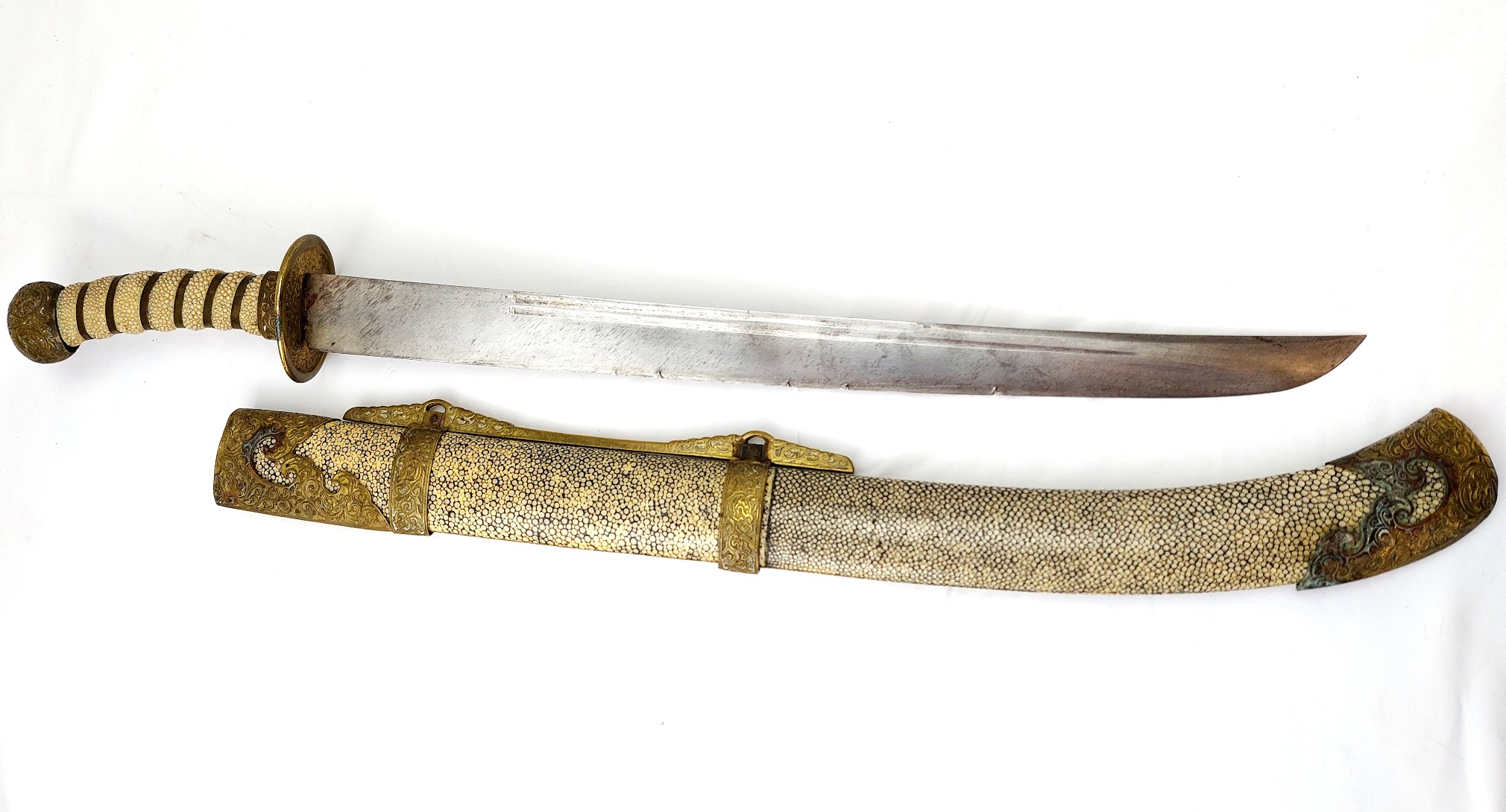 Chinese, Boxer Rebellion Era (Late Qing Dynasty c.1890–1900), Brass Mounted Shagreen Dao / Yaodao Saber (Short Sword) with Shagreen Scabbard - Image 2
