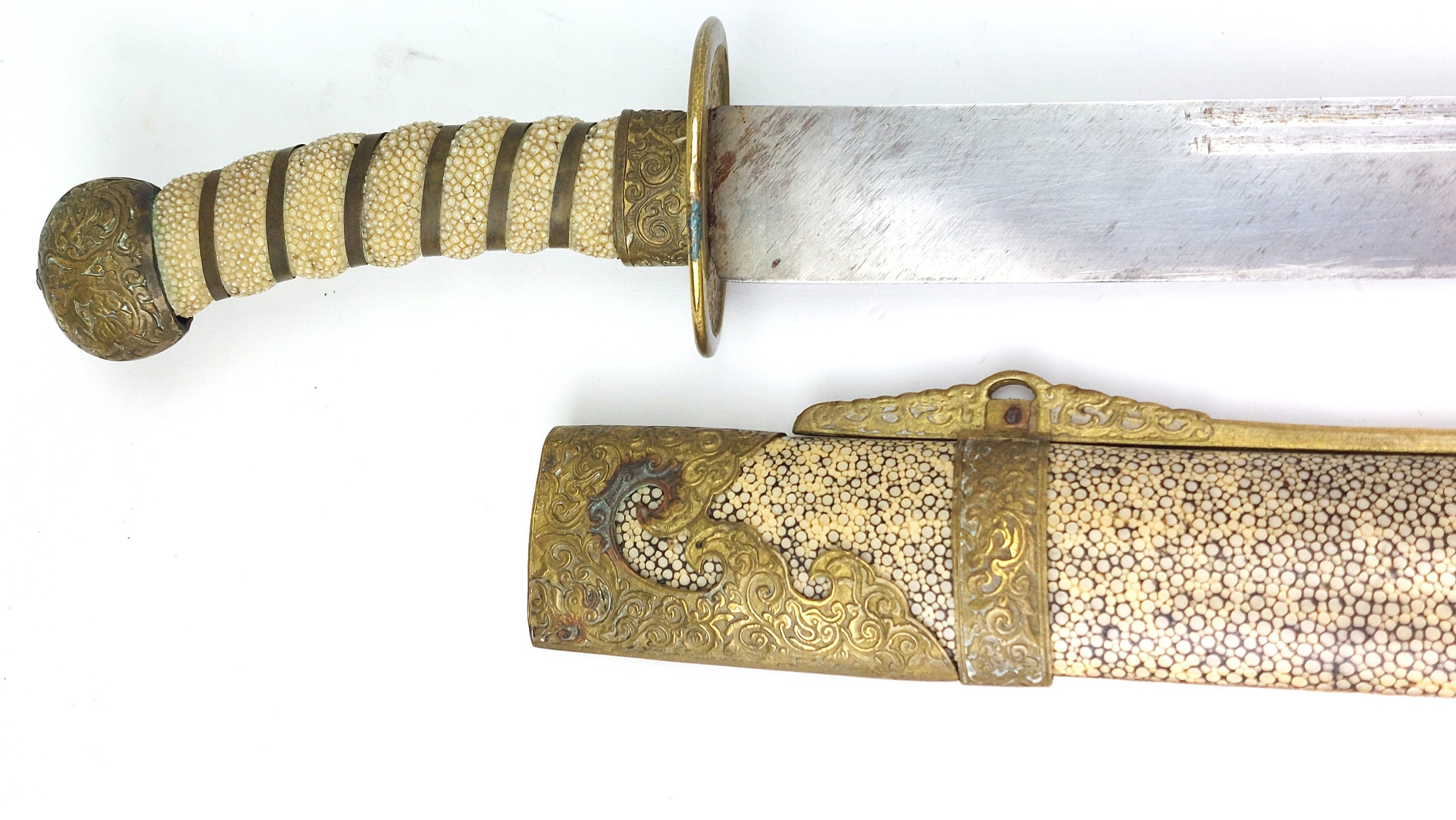 Chinese, Boxer Rebellion Era (Late Qing Dynasty c.1890–1900), Brass Mounted Shagreen Dao / Yaodao Saber (Short Sword) with Shagreen Scabbard - Image 3