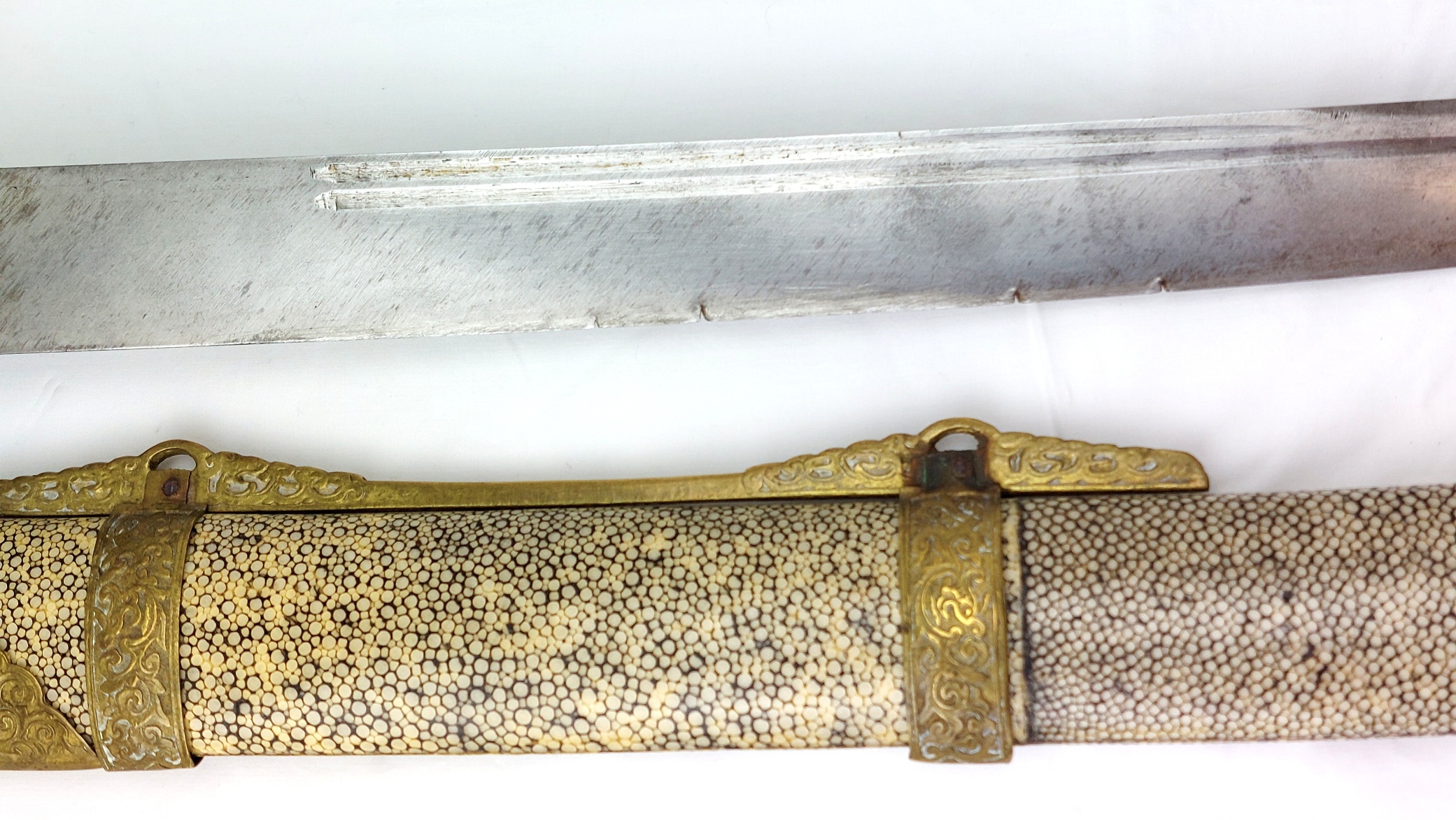Chinese, Boxer Rebellion Era (Late Qing Dynasty c.1890–1900), Brass Mounted Shagreen Dao / Yaodao Saber (Short Sword) with Shagreen Scabbard - Image 4