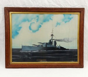 Framed Oil On Canvas Painting Of HMS Thunderer Battleship 1919