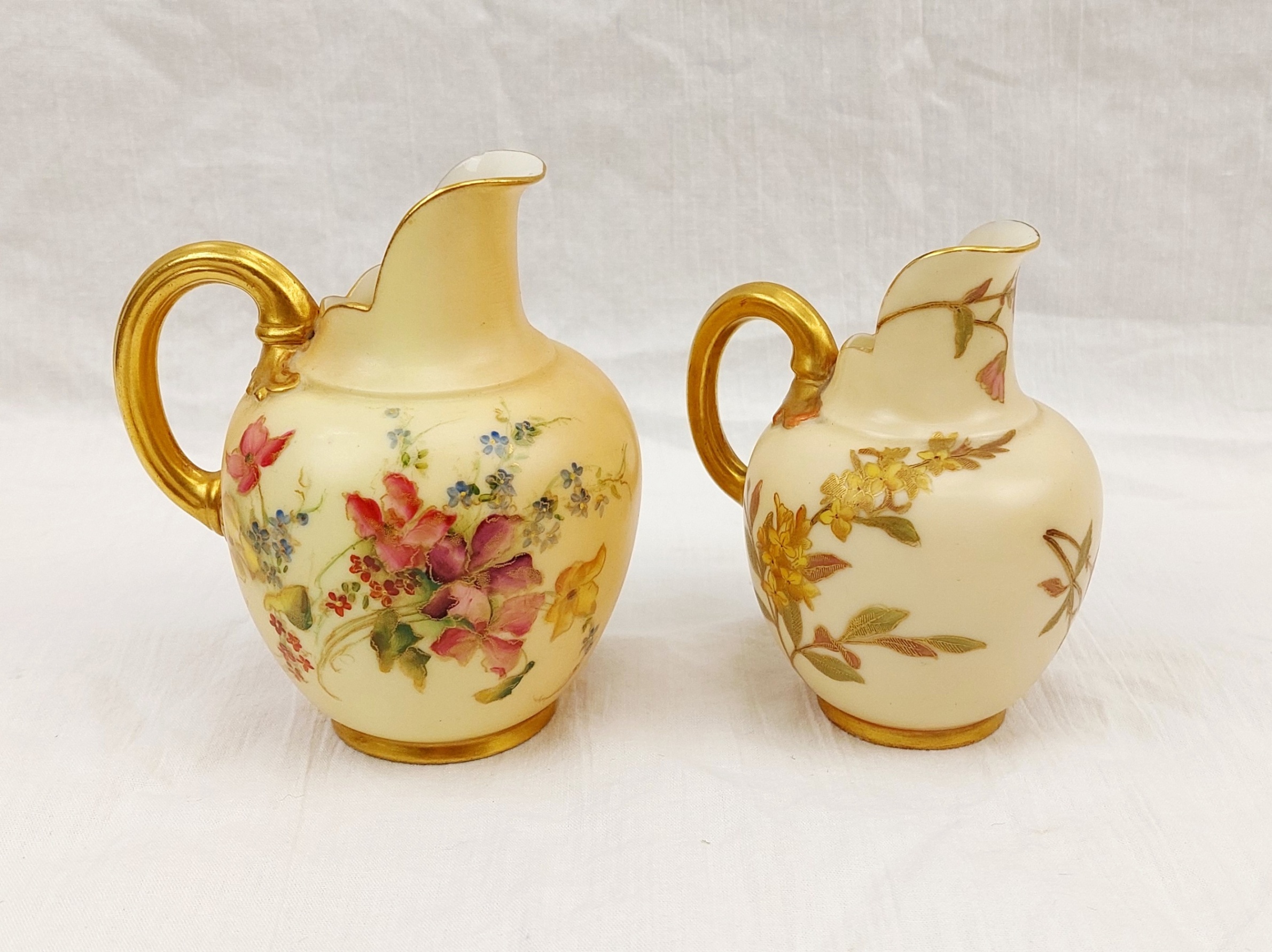 Pair Of 1904 Royal Worcester Blush Ivory And Floral Small Cream Or Milk Jugs
