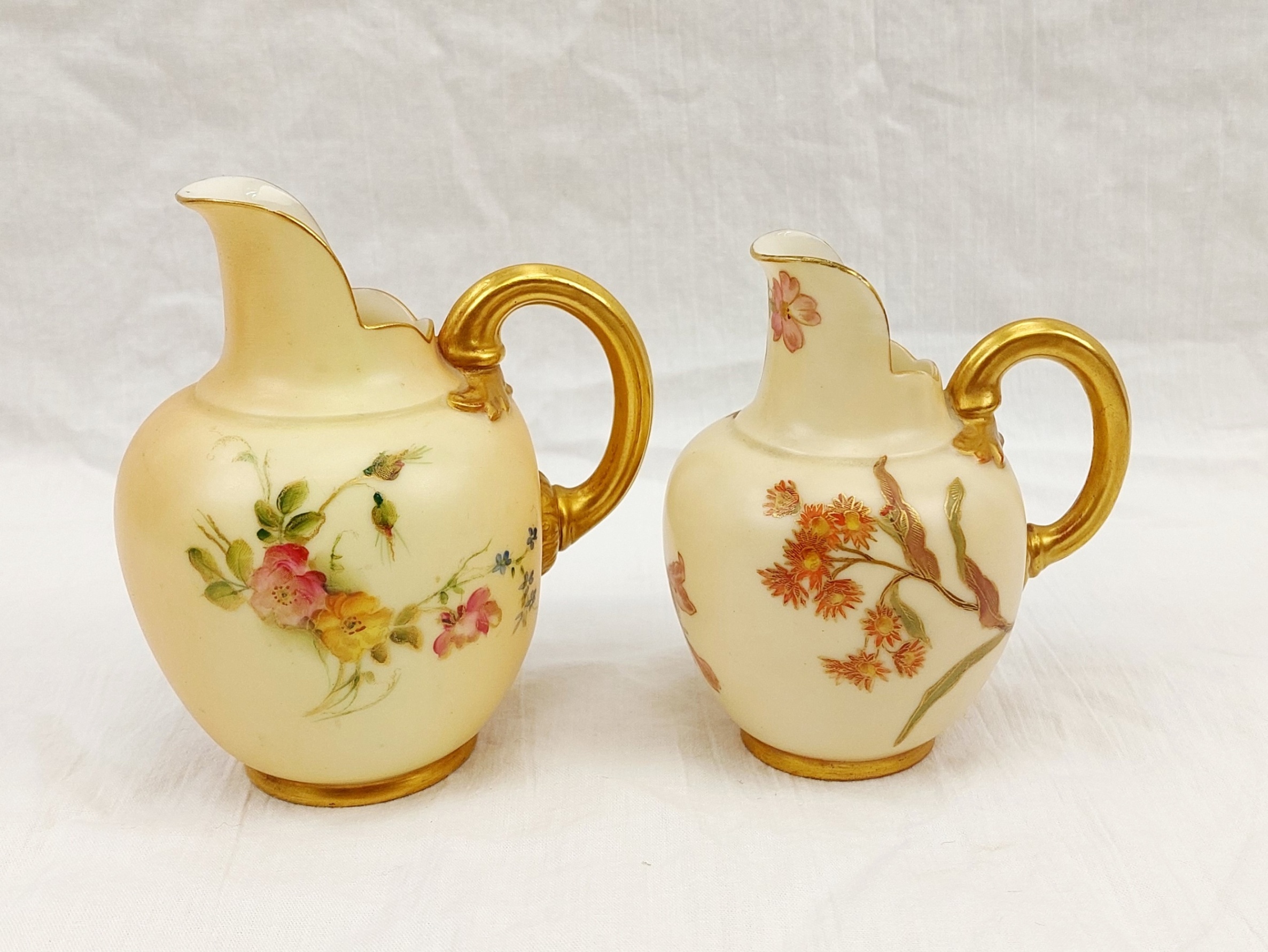 Pair Of 1904 Royal Worcester Blush Ivory And Floral Small Cream Or Milk Jugs - Image 3