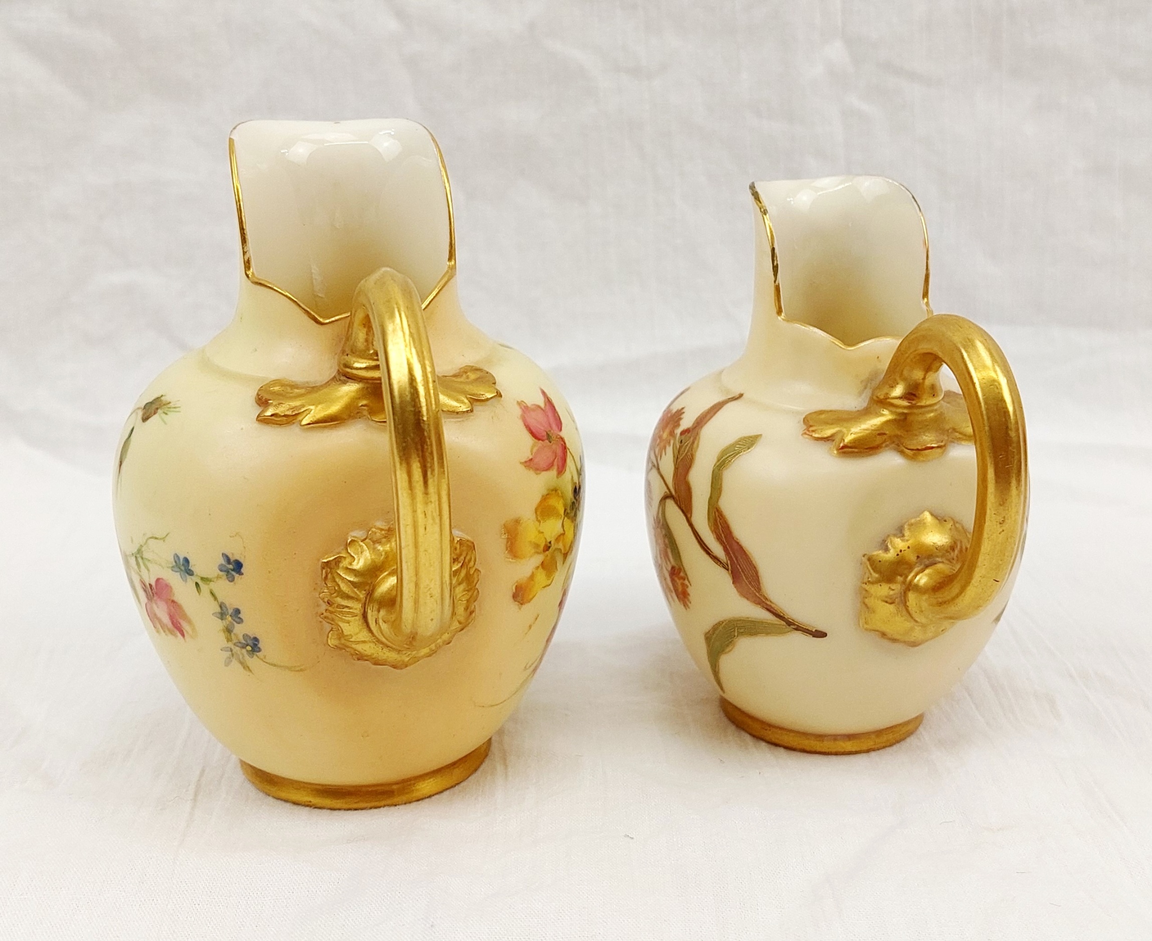 Pair Of 1904 Royal Worcester Blush Ivory And Floral Small Cream Or Milk Jugs - Image 2