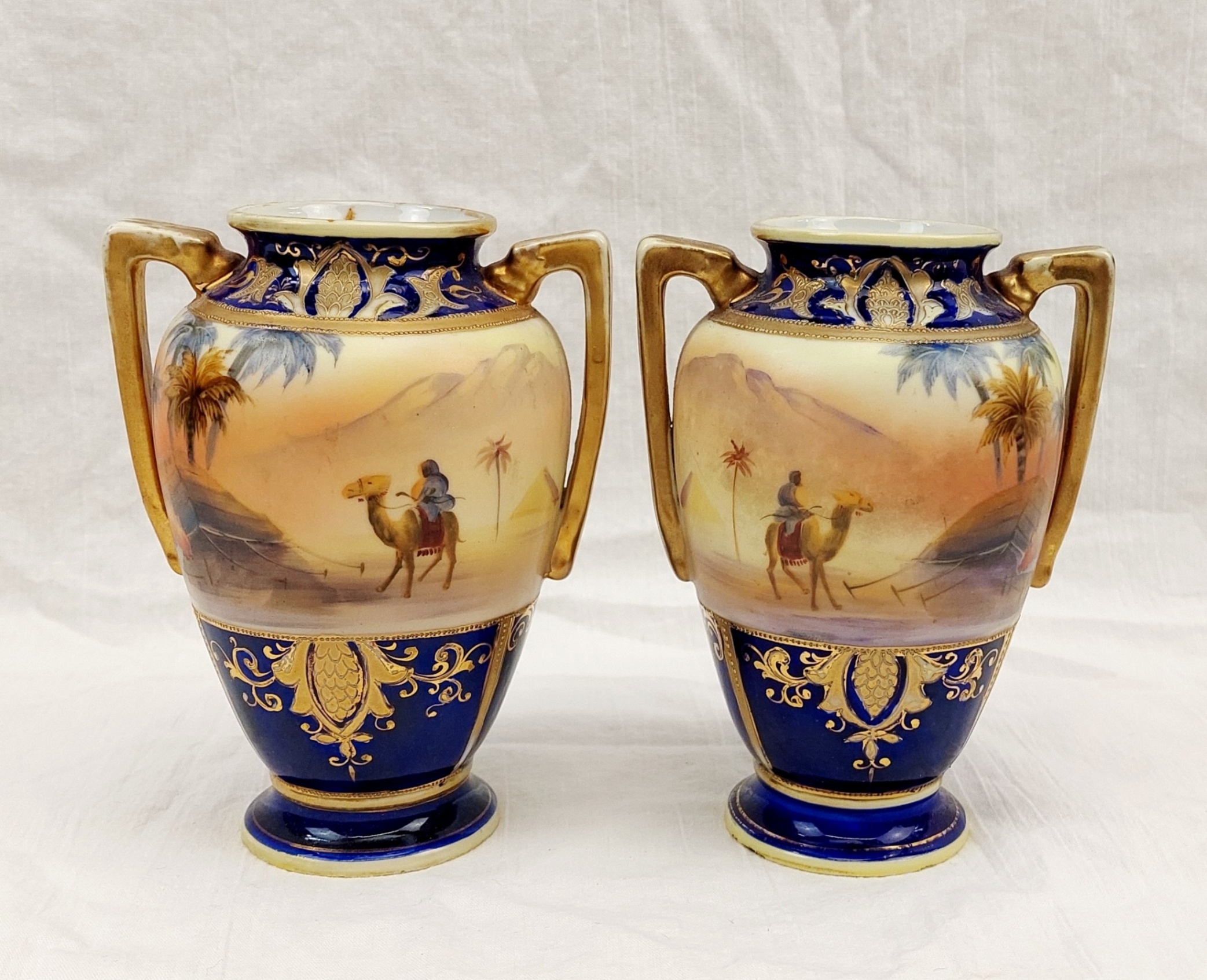 Pair Of 1920s Noritake Of Japan Vases With Egyptian Desert Scenes