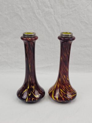 Pair Of Early 20th Century Franz Welz Glass Vases With White Metal Mounts
