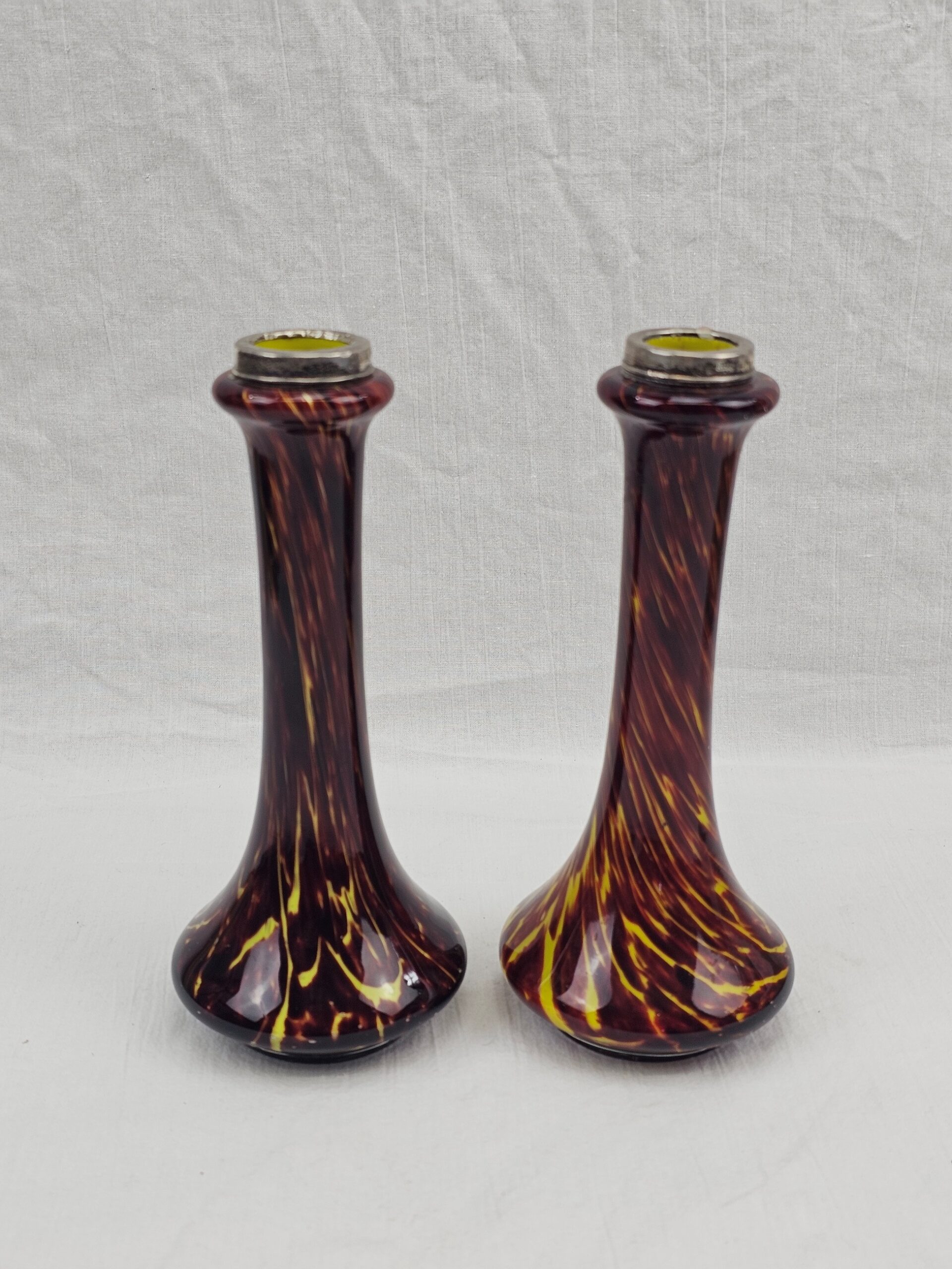 Pair Of Early 20th Century Franz Welz Glass Vases With White Metal Mounts
