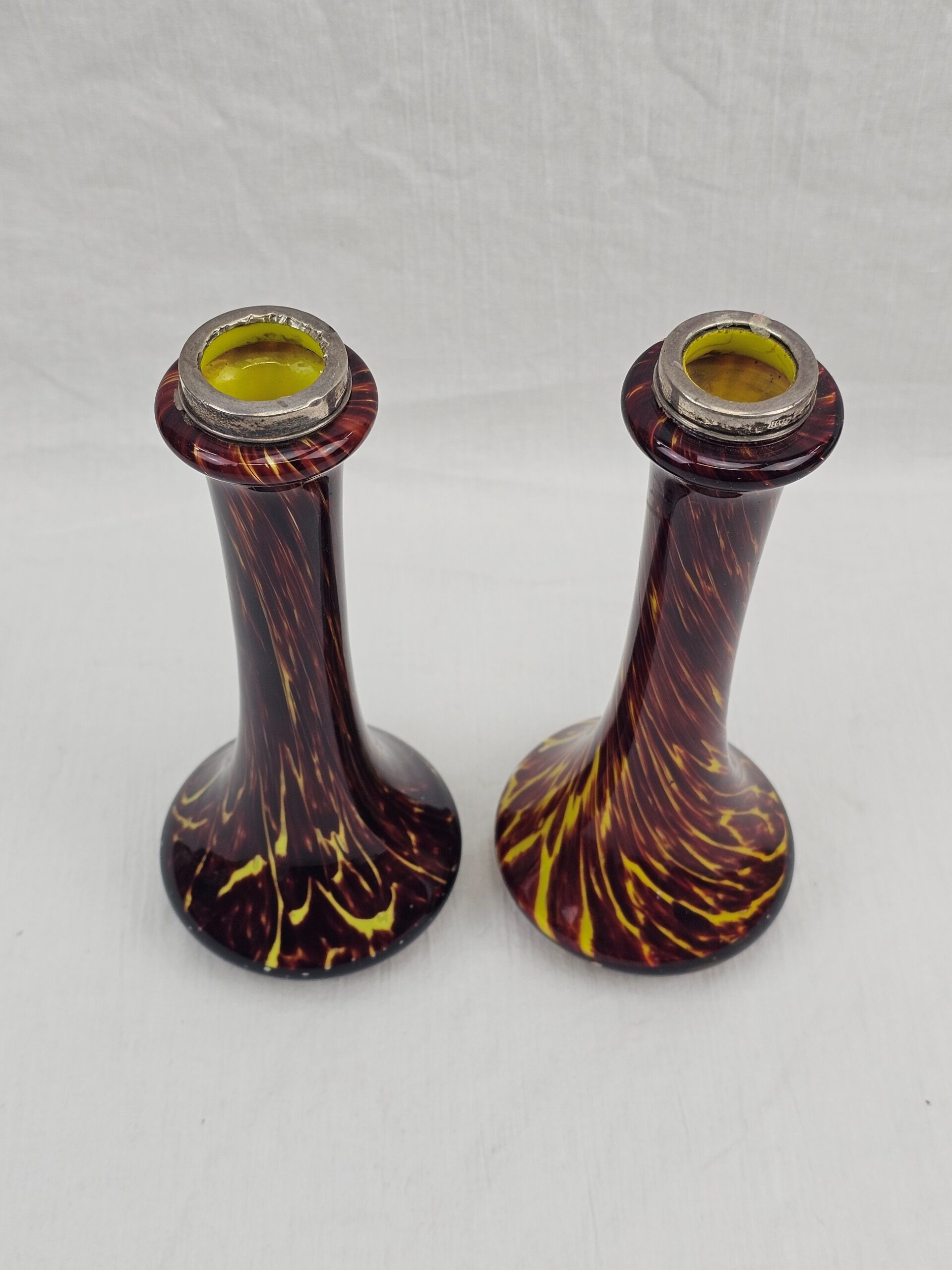 Pair Of Early 20th Century Franz Welz Glass Vases With White Metal Mounts - Image 2