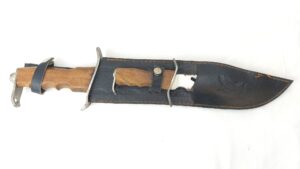 Post-War Commercial Piggyback Bowie Knife and Companion Knife Set with Leather Sheath, Eagle Motif
