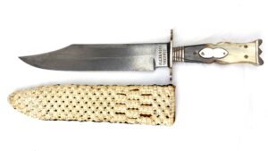 US Civil War Era c.1850–1870, Alexander Sheffield Export Bowie Knife with Bone & Mother-of-Pearl Grip and Leather Scabbard