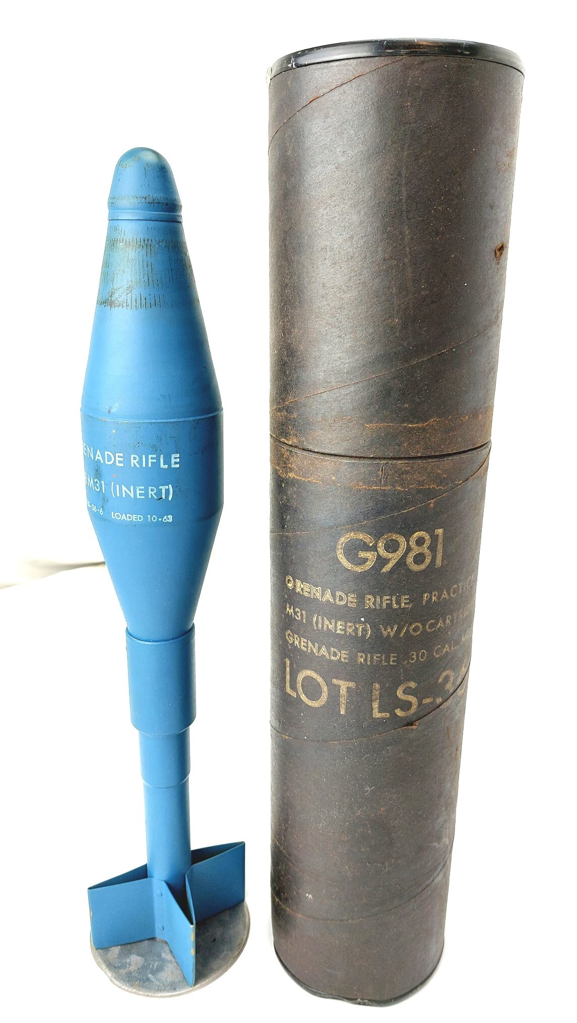 US, Vietnam Era, Practice Rifle Grenade M31 (Inert), Dated Oct 1963, with Period US G981 Rifle Grenade Transit Container