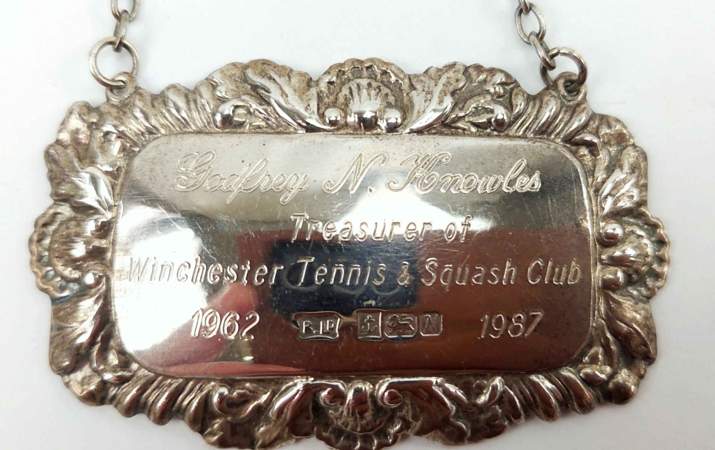 Winchester Tennis And Squash Club Birmingham 1987 Sterling Silver Decanter Label - Image 3