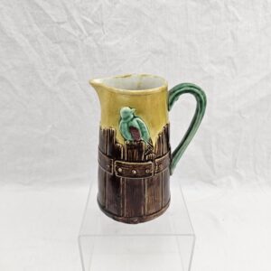 Victorian Majolica 'Bird on a Bucket' Jug - Rustic Barrel Stave Design with Perching Songbird, c.1880