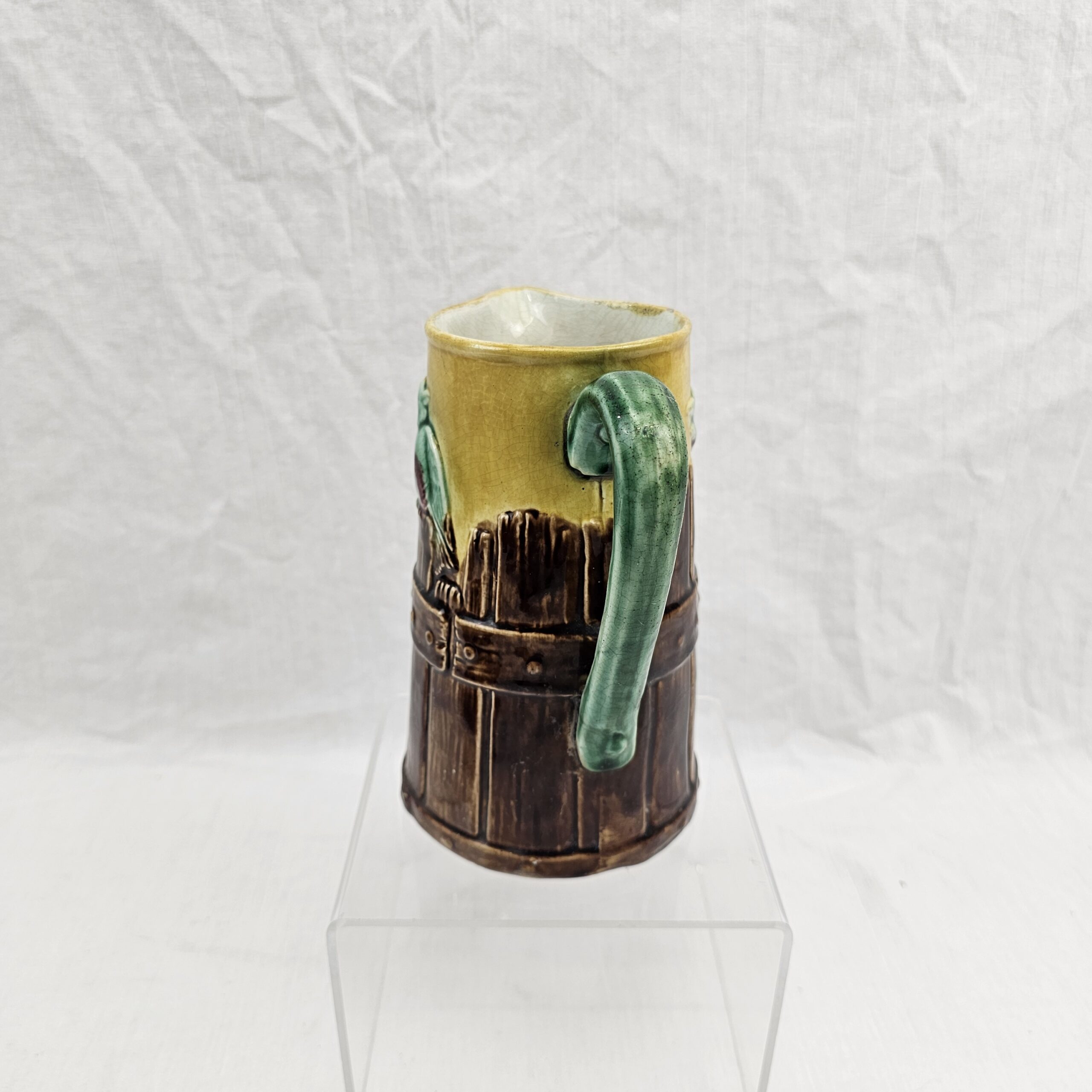 Victorian Majolica 'Bird on a Bucket' Jug - Rustic Barrel Stave Design with Perching Songbird, c.1880 - Image 2